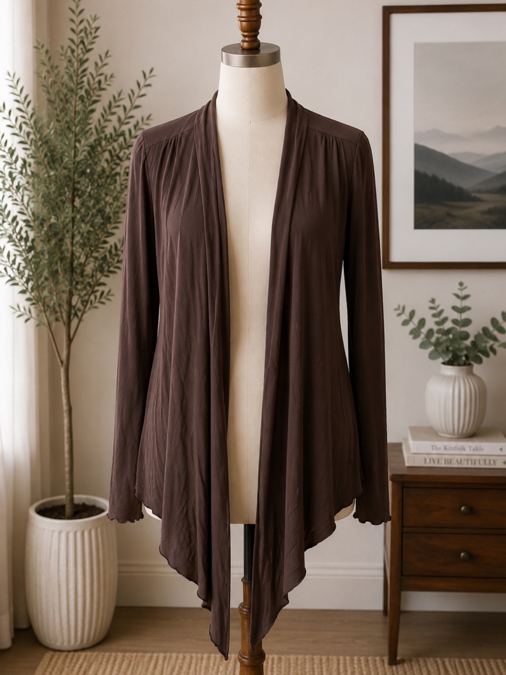 New York & Company Brown Open-Front Draped Cardigan